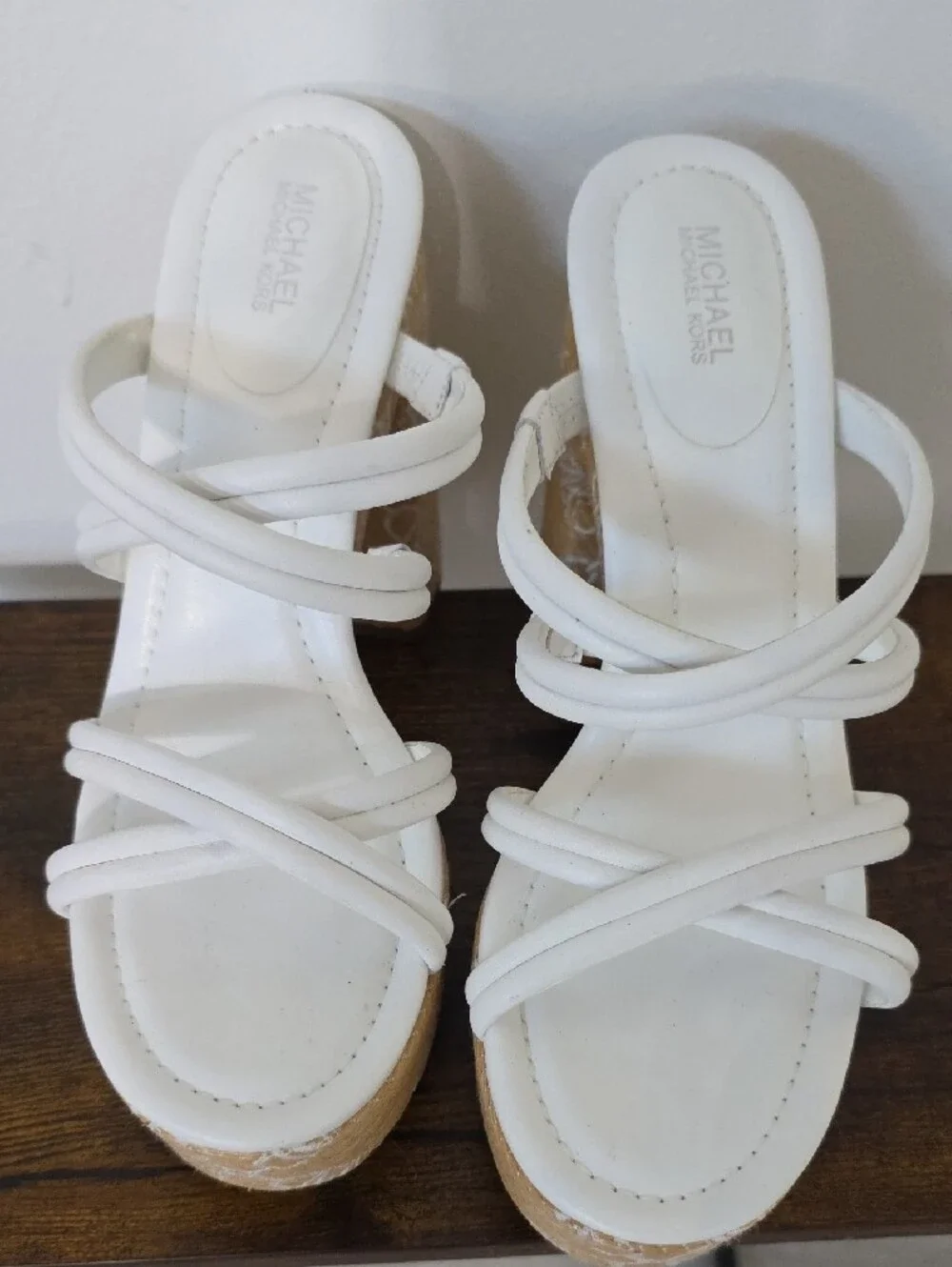 Michael Kors White Strappy Platform Sandals with Tan Patterned Heel